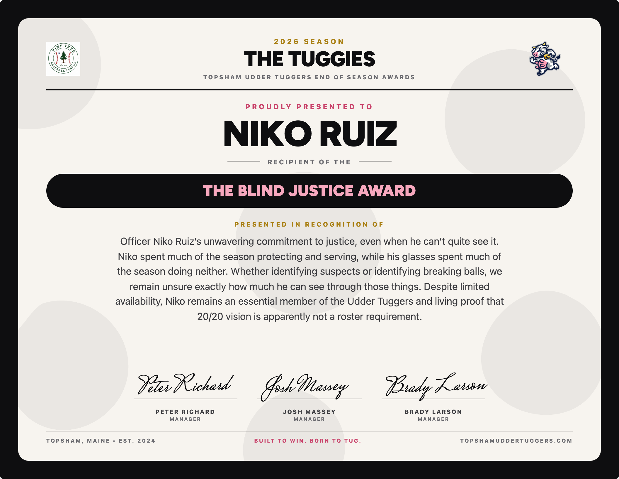 Niko Ruiz — The Blind Justice Award